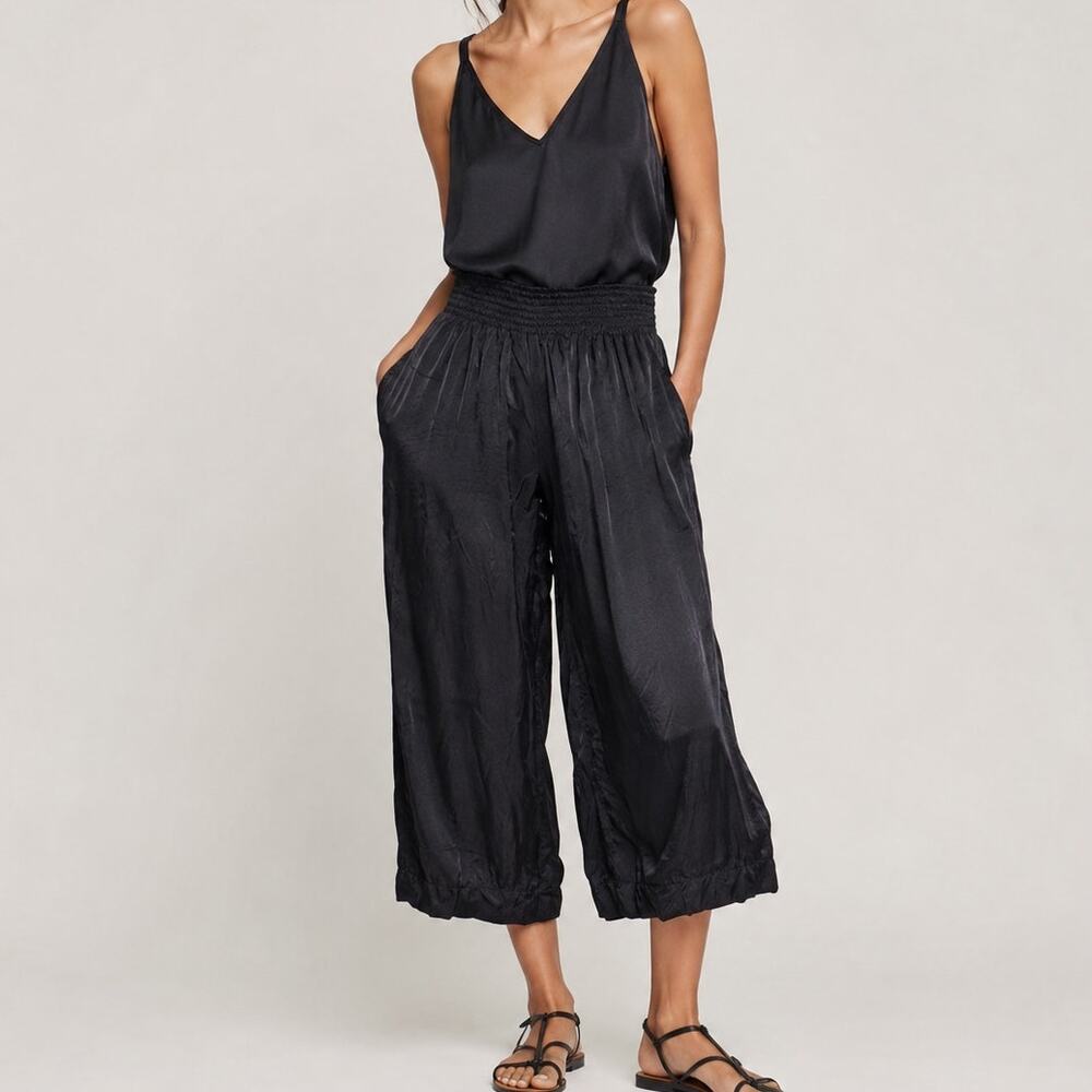 Forte Forte Black Satin Wide Leg Cropped Pants Smocked Waist Italy